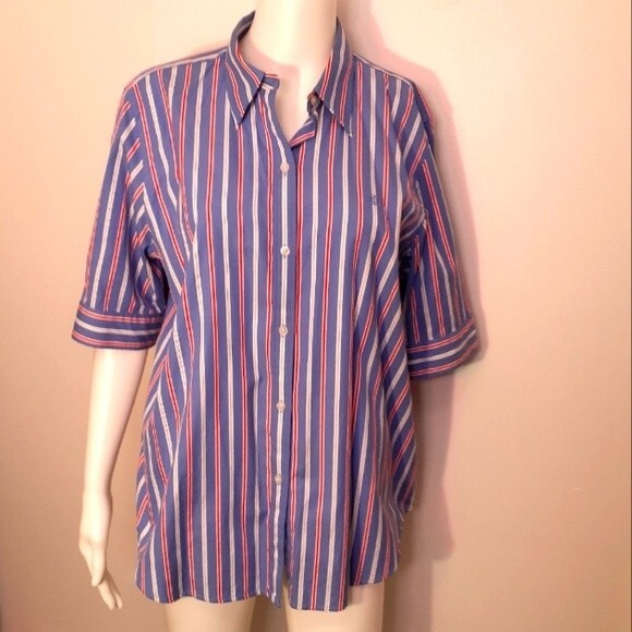 Lauren Ralph Lauren blue striped cotton shirt XL tunic top career summer office - Picture 1 of 6